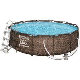 Bestway Power Steel Deluxe 366 x 100 cm, Piscina Redonda con Marco de Acero Estable en Juego Completo, ratán, Color Marrón