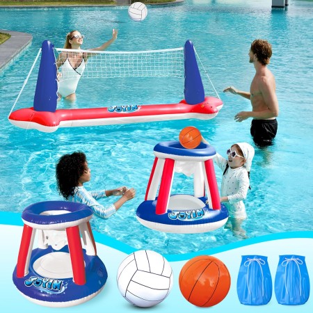 JOYIN Juguete de Flotador para Piscina, Red Inflable de Voleibol y Aros de Baloncesto para Niños y Adultos, Pelotas Incluidas,