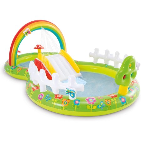 INTEX 57154 - Piscina infantil hinchable con dispersor de agua y tobogan jardin, centro de juegos para niños