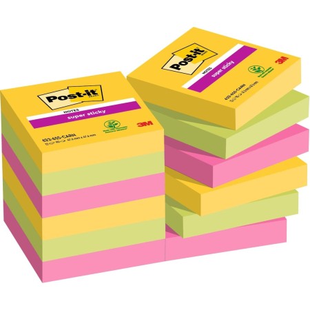 Post-it Notas Super Sticky Colección Carnival - Paquete de 12 Blocs, 90 Hojas por Bloc (76 mm x 76 mm) - Notas Autoadhesivas