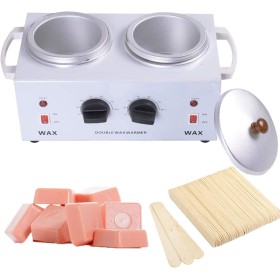 Kit Calentador de Cera con 1Kg de Cera y 100 Espátulas, Horno para Cera Caliente Profesional, Equipo para Casa o Local (2 Ollas)