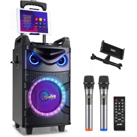 Moukey Máquina de Karaoke, Sistema PA de subwoofer de 10 Pulgadas, Altavoz Bluetooth con 2 micrófonos inalámbricos, Soporte para