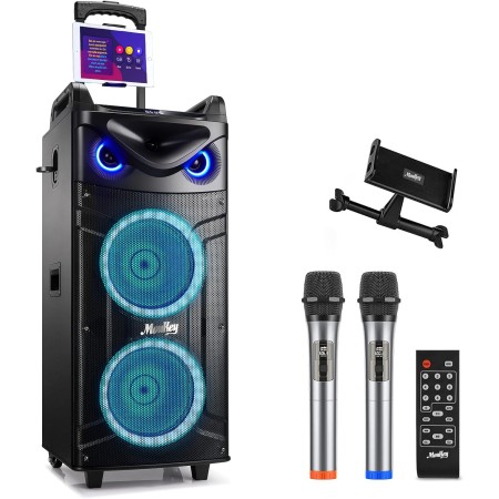 Moukey Máquina de Karaoke, Sistema PA de subwoofer de 10 Pulgadas, Altavoz Bluetooth con 2 micrófonos inalámbricos, Soporte para