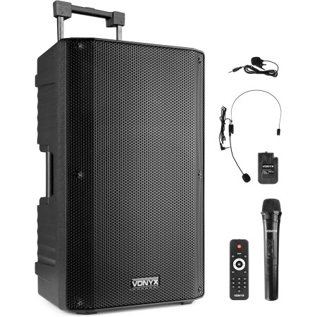 Vonyx VSA700-BP Altavoz portatil 15 Pulgadas y 1000w con batería, 3 micrófonos inalámbricos, Bluetooth 5.0, MP3, Amplificador