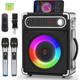 Máquina de Karaoke con 2 Microfonos Inalambricos, Karaoke Portátil con LED, Bluetooth Karaoke Partybox Machine Sistema de PA