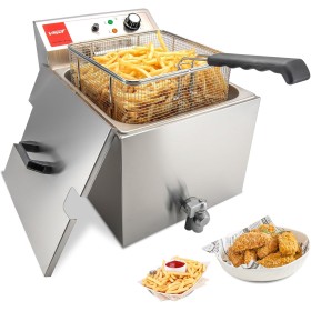 Valgus Freidora eléctrica profesional de acero inoxidable 3000W 16L freidora grande con escurridor, cesta y tapa para