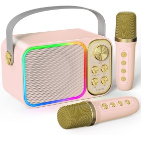 BESCOST LED Karaoke 2 Micrófonos Inalámbricos, Infantil Karaoke Profesional, Máquina de Karaoke Portátil Bluetooth con 7 Efectos
