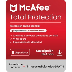 McAfee Total Protection para 5 dispositivos, 2025 |15 meses |VPN segura, el software de seguridad incluye antivirus, gestor de