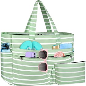 WACCET Bolsa de Playa Grande Mujer, Bolso de Playa Impermeable con Cremallera Bolso Playa Grande XXL Familiar 50L Plegable y