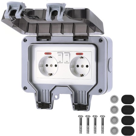 Outinhao Enchufe Exterior Impermeable Ip66, Toma de Pared, con Cubierta Protectora, Interruptor Independiente y Luz Indicadora