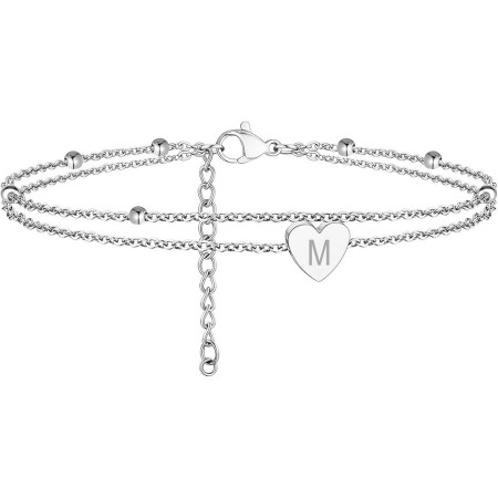 Aucuu Tobilleras para Mujer, Pulsera Tobillera de Dos Capas con Dije Corazón y Letras Iniciales, 22cm+5cm Tobillera Ajustable de