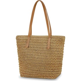 Aucuu Bolsa de hombro de paja para mujer, bolsa de playa, bolso grande con cremallera, bolso de mano bohemio de verano para