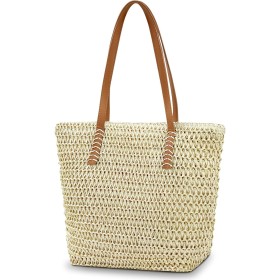 Aucuu Bolsa de hombro de paja para mujer, bolsa de playa, bolso grande con cremallera, bolso de mano bohemio de verano para