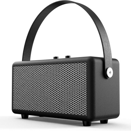 Smalody Altavoz Portátil Bluetooth Vintage - Estéreo Inalámbrico Con Graves Ricos, Cuero de Mano, Control de Rotación - Para