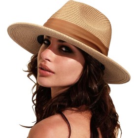 DRESHOW Mujeres Sombrero de Panamá Sombreros de Paja Sombrero de Verano Sombrero de Playa Fedora Sombrero de ala Ancha Sombrero