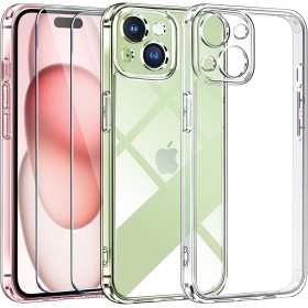 ivoler 3 in 1 Clear Funda para iPhone 15 con 2 Piezas Cristal Templado, [Nunca-Amarillo] [Protección Militar] [Protección de