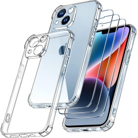 ivoler 4 in 1 Funda para iPhone 14 6.1 Pulgadas con 3 Piezas Cristal Templado, Transparente [Protección de Cámara] Carcasa