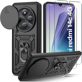 Guisessy Funda para Xiaomi Redmi 14C/14 C/Poco C75 4G Armor Carcasa Cubierta de cámara Deslizante Proteger con 2 Pack Cristal