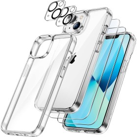 JETech 5 en 1 Funda para iPhone 13 6,1 Pulgadas con 2 Protector Pantalla y 2 Protector Lente Cámara, Anti-Amarillo, Cristal