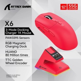 Ratón Bluetooth Attack Shark X6 PAW3395, conexión triple modo, Base de