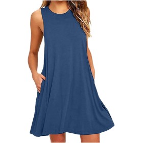 Vestidos Mujer Verano Sin Mangas Cuello Redondo Tirantes Vestido de Playa Largo Elegante Bohemio Floral Dress con Bolsillos