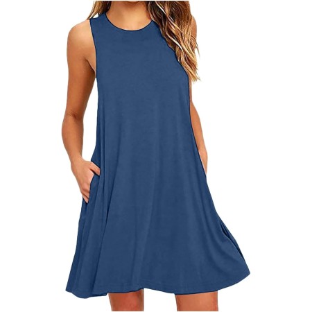 Vestidos Mujer Verano Sin Mangas Cuello Redondo Tirantes Vestido de Playa Largo Elegante Bohemio Floral Dress con Bolsillos