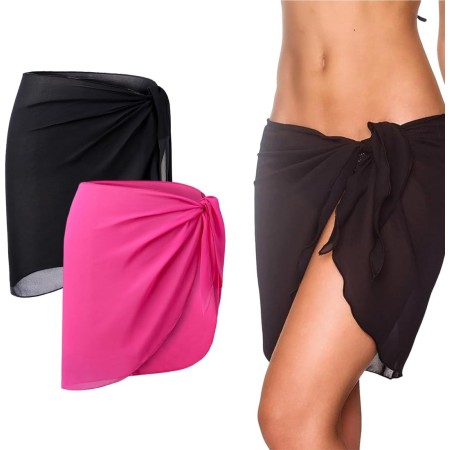 WUSJCOF 2 Piezas Pareo Playa Mujer Sarong Envolvente para Bikini (Negro, Rosa)