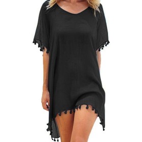 Hanaoops Mujer Suelto Vestido de Playa V Cuello Gasa Ropa de Baño con Borla Verano Traje de Baño Bikini Cover Up para Playa Chic