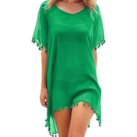 Hanaoops Mujer Suelto Vestido de Playa V Cuello Gasa Ropa de Baño con Borla Verano Traje de Baño Bikini Cover Up para Playa Chic