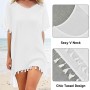 Hanaoops Mujer Suelto Vestido de Playa V Cuello Gasa Ropa de Baño con Borla Verano Traje de Baño Bikini Cover Up para Playa Chic