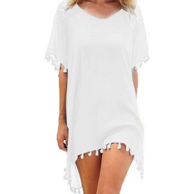 Hanaoops Mujer Suelto Vestido de Playa V Cuello Gasa Ropa de Baño con Borla Verano Traje de Baño Bikini Cover Up para Playa Chic