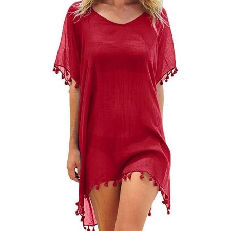 Hanaoops Mujer Suelto Vestido de Playa V Cuello Gasa Ropa de Baño con Borla Verano Traje de Baño Bikini Cover Up para Playa Chic