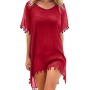 Hanaoops Mujer Suelto Vestido de Playa V Cuello Gasa Ropa de Baño con Borla Verano Traje de Baño Bikini Cover Up para Playa Chic