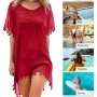 Hanaoops Mujer Suelto Vestido de Playa V Cuello Gasa Ropa de Baño con Borla Verano Traje de Baño Bikini Cover Up para Playa Chic