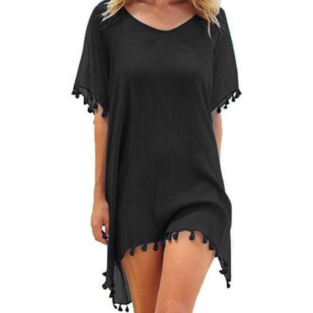 Hanaoops Mujer Suelto Vestido de Playa V Cuello Gasa Ropa de Baño con Borla Verano Traje de Baño Bikini Cover Up para Playa Chic