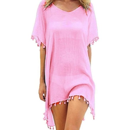 Hanaoops Mujer Suelto Vestido de Playa V Cuello Gasa Ropa de Baño con Borla Verano Traje de Baño Bikini Cover Up para Playa Chic