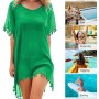 Hanaoops Mujer Suelto Vestido de Playa V Cuello Gasa Ropa de Baño con Borla Verano Traje de Baño Bikini Cover Up para Playa Chic