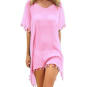 Hanaoops Mujer Suelto Vestido de Playa V Cuello Gasa Ropa de Baño con Borla Verano Traje de Baño Bikini Cover Up para Playa Chic