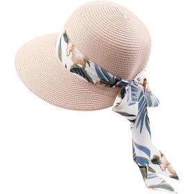Sombreros de Playa para Mujer, Sombrero de Paja de ala Ancha para Mujer con decoración de Lazo, Ligero, Plegable, Plegable,