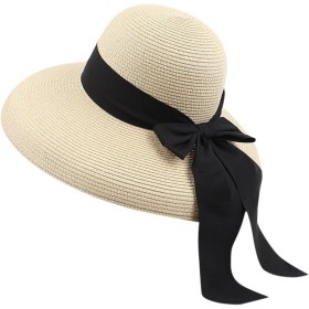 Sombreros de Playa para Mujer, Sombrero de Paja de ala Ancha para Mujer con decoración de Lazo, Ligero, Plegable, Plegable,