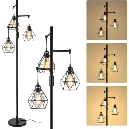 Rayofly Lámparas de pie industriales regulables, lámpara de pie vintage de 3 luces con pantallas de jaula de diamante, metal