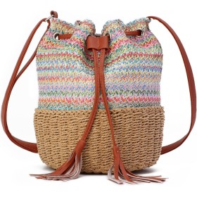 EVEOUT Bolsos bandolera de paja para Mujer Verano Bolso de hombro tejido de playa vacaciones Bolsa de cubos