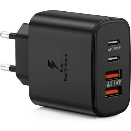 Cargador USB C, 40W 4-Puertos USBC Enchufe Cargador Carga Rapida, Múltiple QC 3.0+PD Rápido Pared Adaptador Tipo C para iPhone
