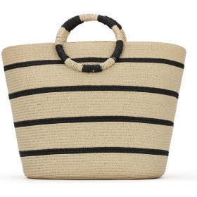 EVEOUT Bolso Tote de Paja para Mujer Verano Shopper con Rayas Tejido Bolso Cesta Grande Bolso de Mano de Rafia para Playa