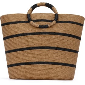 EVEOUT Bolso Tote de Paja para Mujer Verano Shopper con Rayas Tejido Bolso Cesta Grande Bolso de Mano de Rafia para Playa