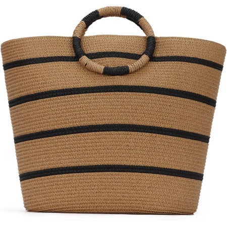 EVEOUT Bolso Tote de Paja para Mujer Verano Shopper con Rayas Tejido Bolso Cesta Grande Bolso de Mano de Rafia para Playa