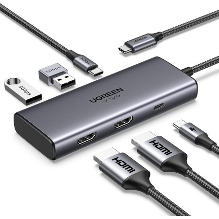 UGREEN Revodok 206 Hub USB C Doble HDMI 8K 4K Adaptador Tipo C 2 Pantalla PD 100W Docking Station 6 En 1 Compatible con MacBook