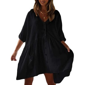 HYUET Mujer Vestido Corto de Playa Mujer Algodón Pareos y Camisola de Playa Sexy Verano Túnica Ropa Traje de Baño Bikini Cover