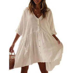 HYUET Mujer Vestido Corto de Playa Mujer Algodón Pareos y Camisola de Playa Sexy Verano Túnica Ropa Traje de Baño Bikini Cover