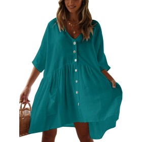 HYUET Mujer Vestido Corto de Playa Mujer Algodón Pareos y Camisola de Playa Sexy Verano Túnica Ropa Traje de Baño Bikini Cover